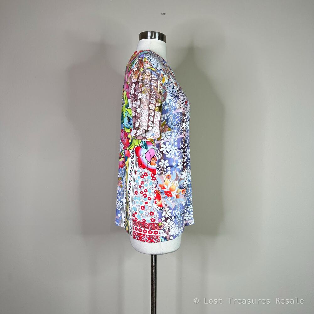 Johnny Was | Dragon Floral Mixed Print Short Sleeve Jersey Tee Multicolor Top XS - Picture 5 of 9